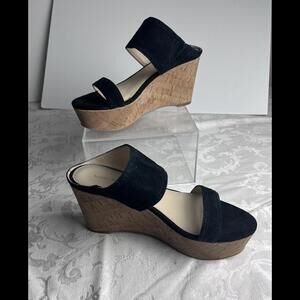 Marc Fishher Womens Sandals Size 8M Black Suede Leather Wedge Cork Heels Strappy